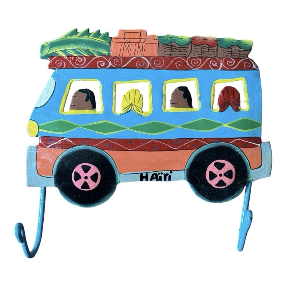 Hand Painted Haiti Metal Wall Hook Bus Folk Art Key Coat Towel Rack 2 Hooks